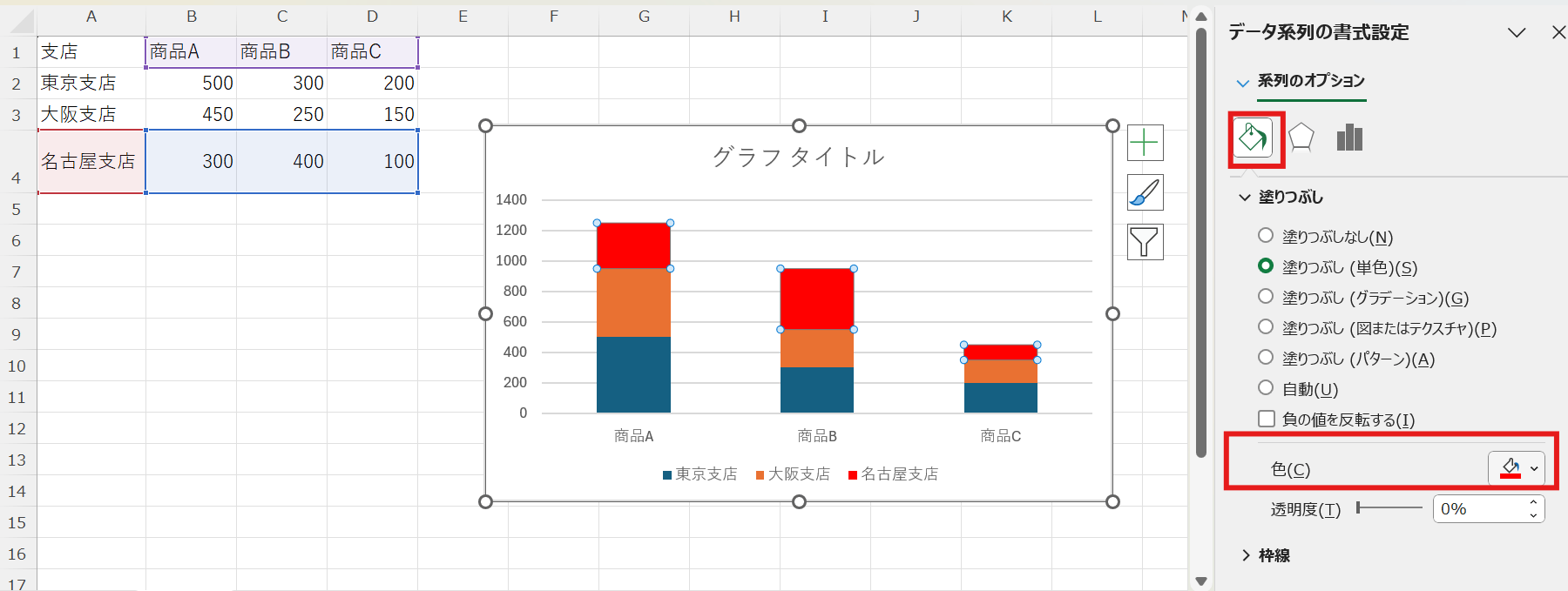 「データ系列の書式設定」から「塗りつぶし」を選択して好きな色に変更 「データ系列の書式設定」から「塗りつぶし」を選択して好きな色に変更